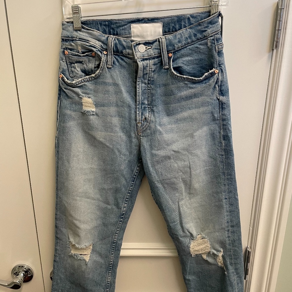 MOTHER Light Blue Distressed Ankle Jeans